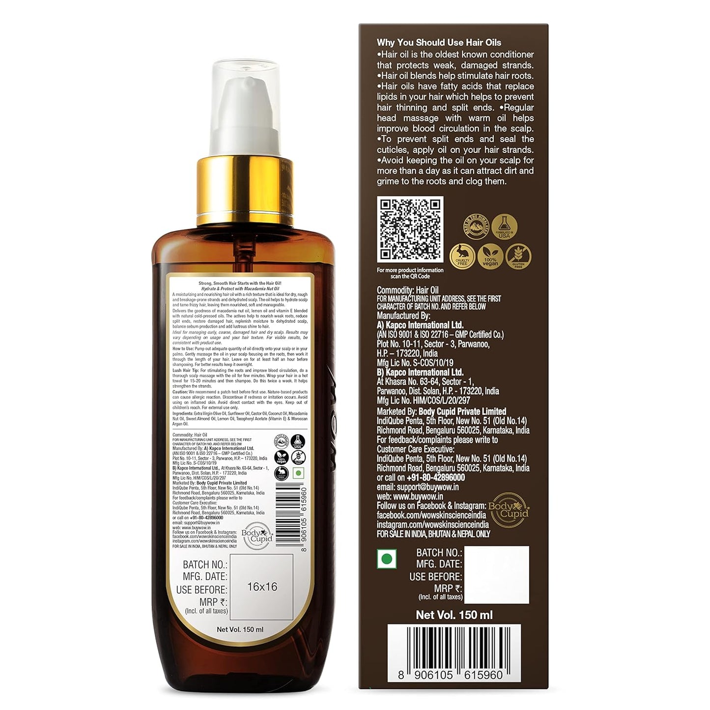 WOW Skin Science Macadamia Hair Oil - Deeply Moisturizing - Strengthening Care - For Dehydrated Scalp & Dry, Curly hair - No Mineral Oil, Silicones, Synthetic Fragrance - 150mL