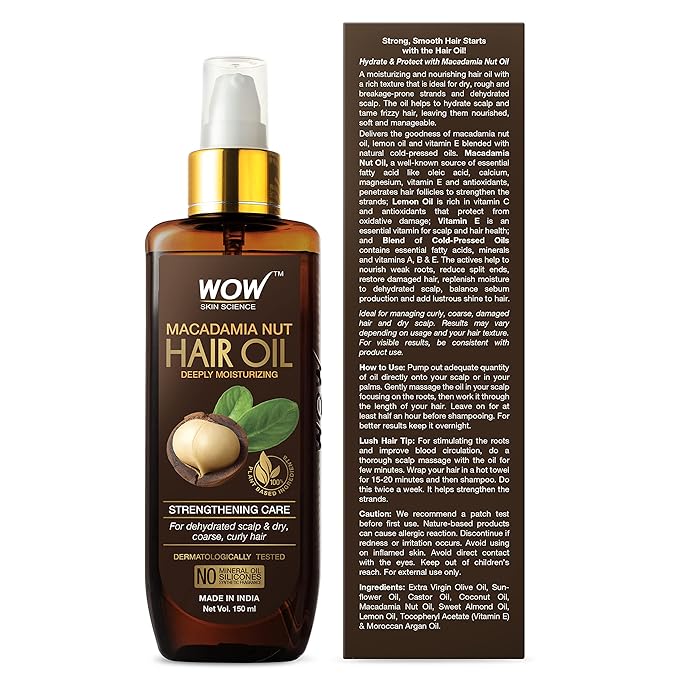 WOW Skin Science Macadamia Hair Oil - Deeply Moisturizing - Strengthening Care - For Dehydrated Scalp & Dry, Curly hair - No Mineral Oil, Silicones, Synthetic Fragrance - 150mL