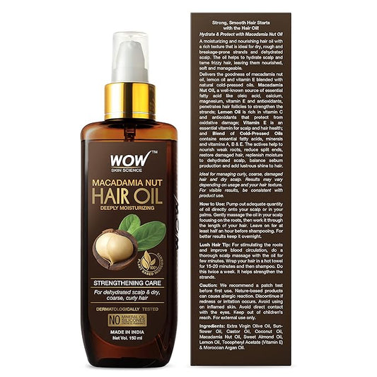 WOW Skin Science Macadamia Hair Oil - Deeply Moisturizing - Strengthening Care - For Dehydrated Scalp & Dry, Curly hair - No Mineral Oil, Silicones, Synthetic Fragrance - 150mL